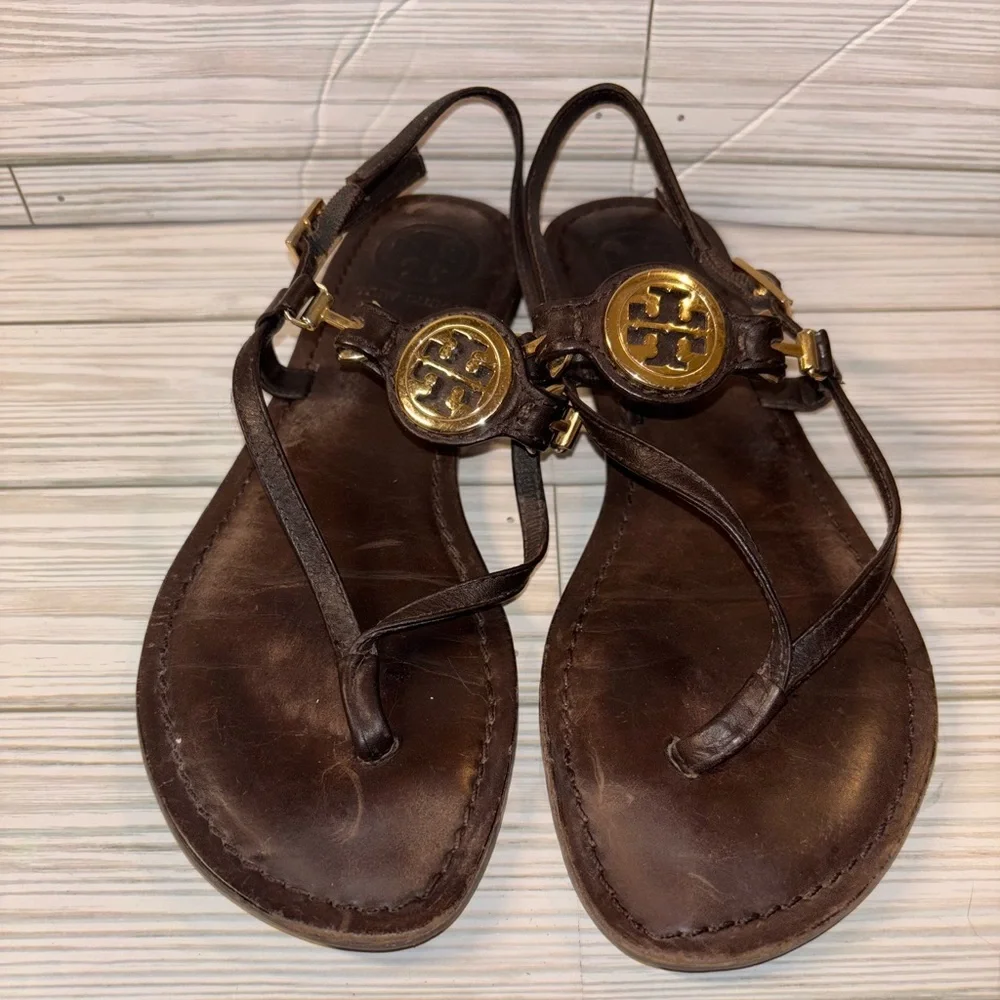 Tory Burch Brown Leather Logo Thong Sandals with Gold Hardware